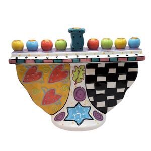 Joanne Delomba Menorah Chanukiah Hanukkah Ceramic Checkered With Love Lotus